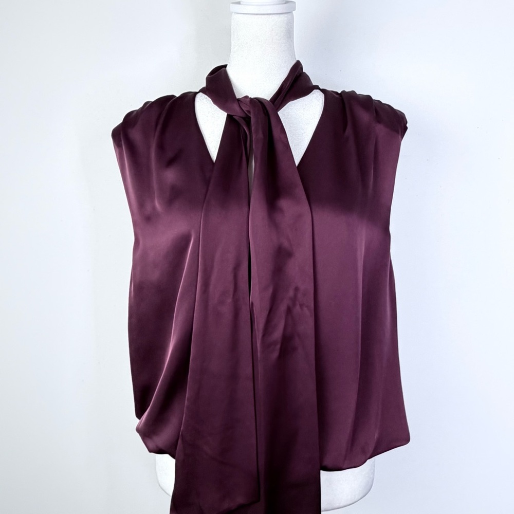 New RAMY BROOK Designer Luxe Purple Feminine Modern Satin Tie Blouse Large $295